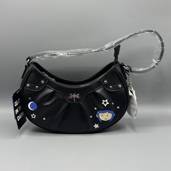 Coraline Black Shoulder Baguette Bag Purse Key Chain Glow-In-The-Dark NEW - Picture 5 of 7